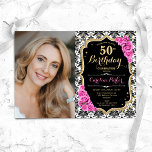 Invitation Roses roses noires Damas blanches Photo 50e annive<br><div class="desc">Elégante invitation au 50e anniversaire fleurie féminine avec votre photo. Design noir blanc rose avec faux or parties scintillant. Caractéristiques noir et blanc damas motif, rose roses, police de script et confetti. Parfait pour une fête anniversaire adulte élégante. Personnalisez avec vos propres détails. Peut être customisé pour n'importe quel âge...</div>