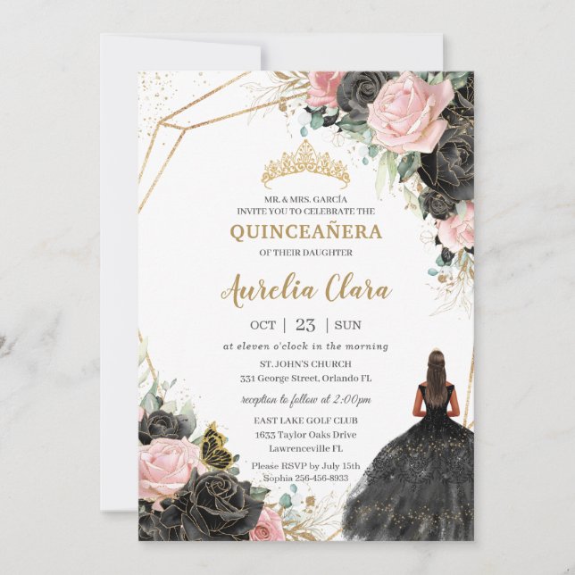 Invitation Roses roses noires Florales Quinceañera Sweet sixt (Devant)