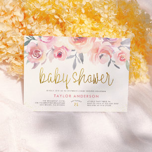 Invitation Roses roses pastel et feuillage doré Baby Shower c