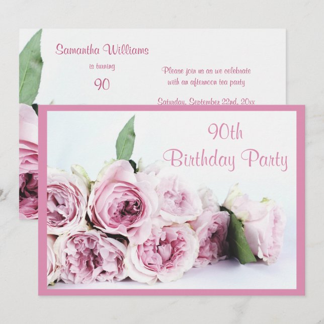 Invitation Roses roses romantiques 90e anniversaire (Devant / Derrière)