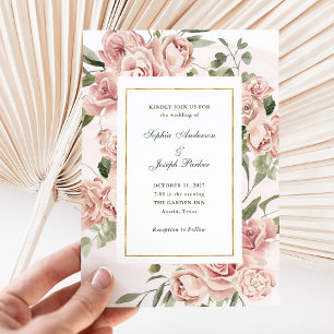 Invitation Roses roses romantiques et or   Mariage