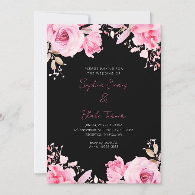 Invitation Roses roses romantiques rose Mariage noir d'été (Devant)