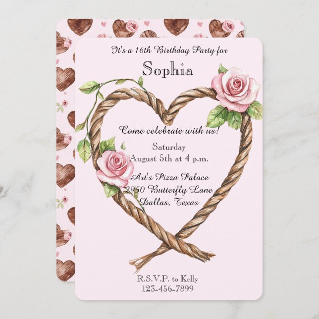 Invitation Roses roses rose Coeur floral 16e anniversaire (Devant / Derrière)