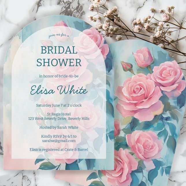 Invitation Roses roses rose Fête des mariées de peinture PERS (Pink Roses Painting Bridal Shower CUSTOM Arched Invitation
)