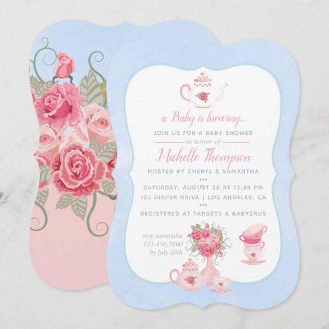 Invitation Roses roses rose Floral Tea Party Baby shower Invi (Devant / Derrière)