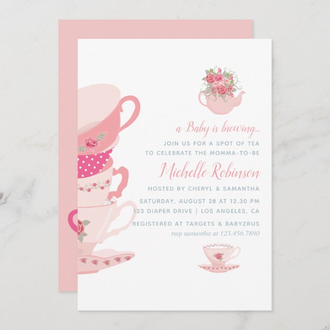 Invitation Roses roses rose Floral Tea Party Baby shower Invi (Devant / Derrière)