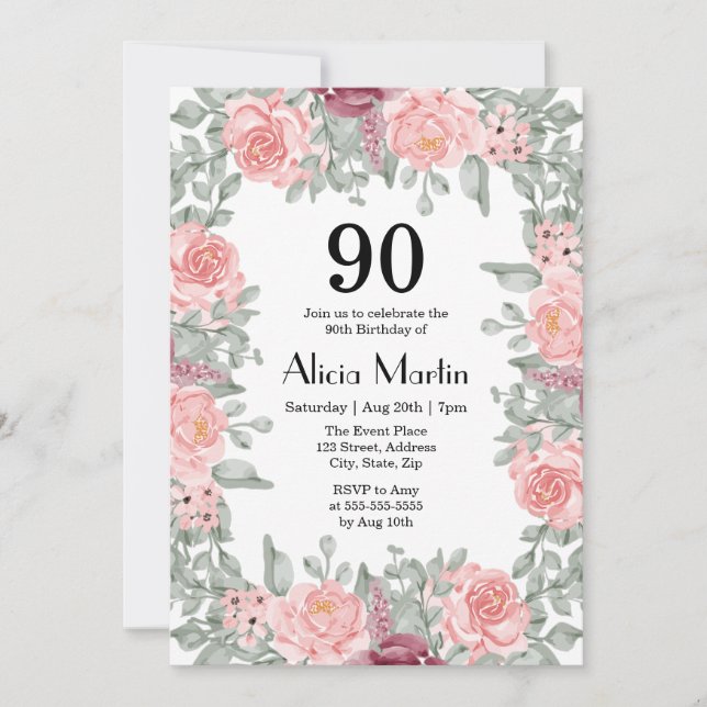 Invitation Roses roses Rose Flore Vert Blanc 90e anniversaire (Devant)