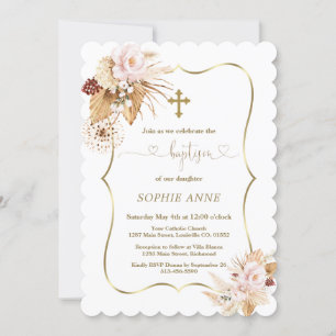 Invitation Roses roses rose Pampas Grass Palm Gold Girl Baptê