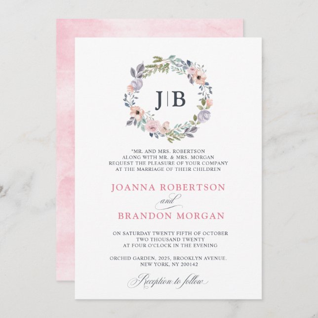 Invitation Roses roses rose poussiéreuses Mariage floral mi-é (Devant / Derrière)