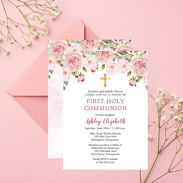 Invitation Roses roses roses Aquarelle Florale Première Saint (Beautiful Pink Roses Watercolor Floral First Holy Communion Invitation - Print and/or Digital)