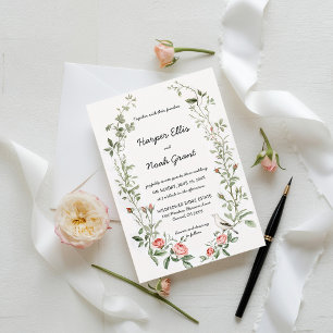 Invitation Roses roses roses Aquarelle Oiseau Mariage écrit à