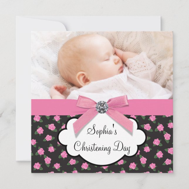 Invitation Roses roses roses Baby Girl Photo Christening (Devant)