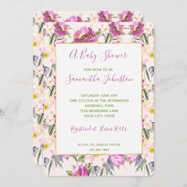 Invitation Roses roses roses Baby shower Floral (Devant / Derrière)