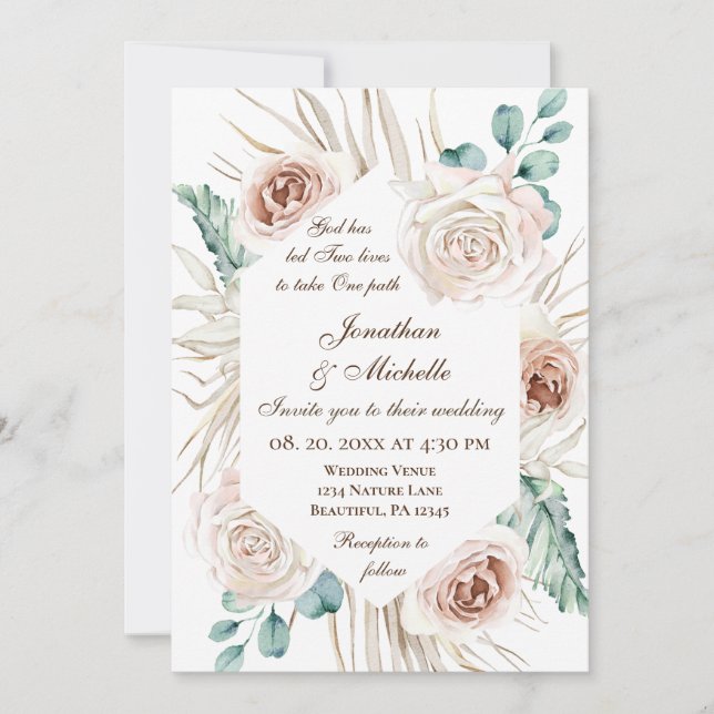 Invitation Roses roses roses blanches Boho Floral Mariage chr (Devant)