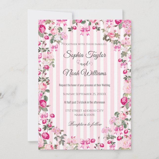 Invitation Roses Roses Roses Coquette Bow Stripes (Devant)