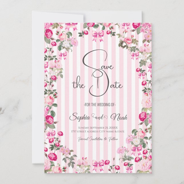 Invitation Roses Roses Roses Coquette Ruban Rayures (Devant)