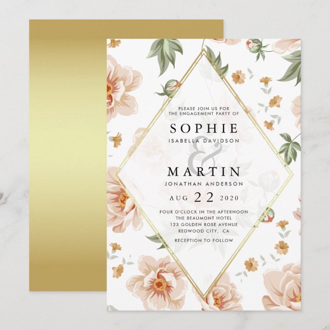 Invitation Roses roses roses et Gold Elegant Floral Engagemen (Devant / Derrière)