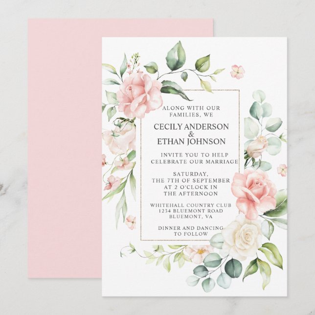 Invitation Roses roses roses et Mariage arrière rose Eucalypt (Devant / Derrière)