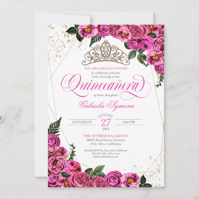 Invitation Roses roses roses et or Tiara Elegant Quinceañera (Devant)