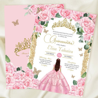 Invitation Roses roses roses et papillon d'or Quinceanera