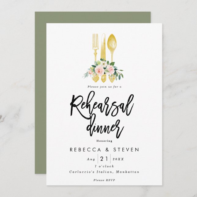 Invitation roses roses roses faux or répétition dîner invitat (Devant / Derrière)