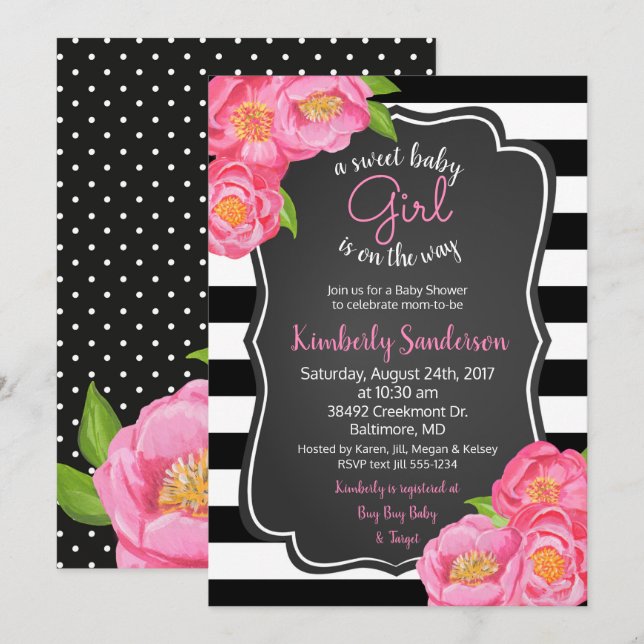 Invitation Roses roses roses Florales Fille Baby shower noir  (Devant / Derrière)