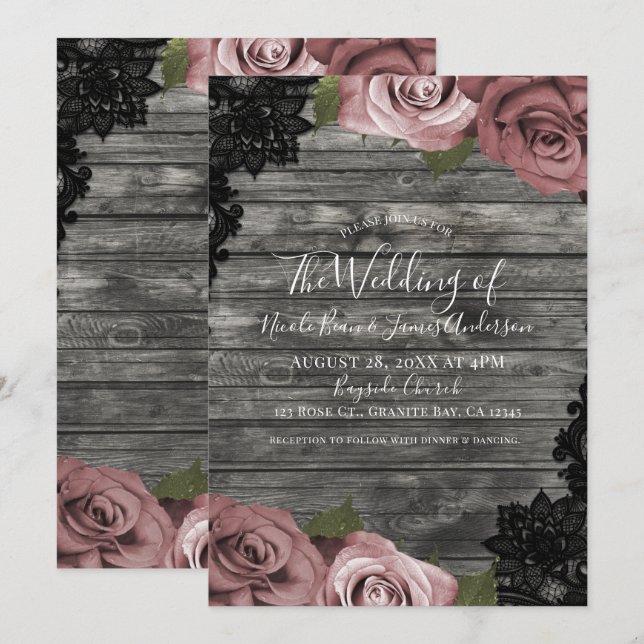 Invitation Roses roses roses grises rustiques noir mariage (Devant / Derrière)