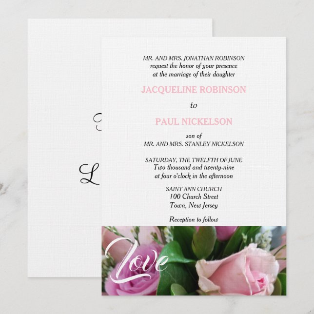 Invitation Roses Roses Roses Mariage d'Amour Rose Clair (Devant / Derrière)