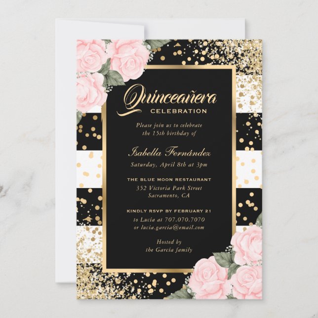 Invitation Roses roses roses noires Confetti Quinceañera (Devant)