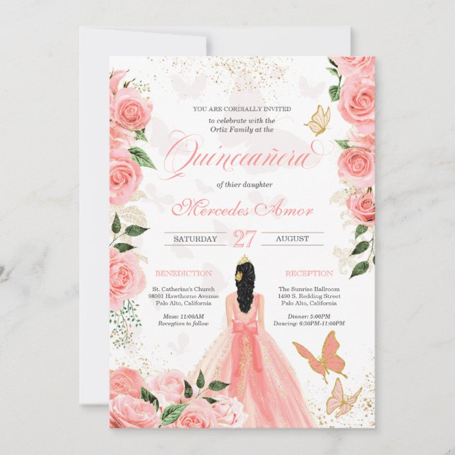 Invitation Roses roses roses papillon Mariposa Quinceanera Fl (Devant)