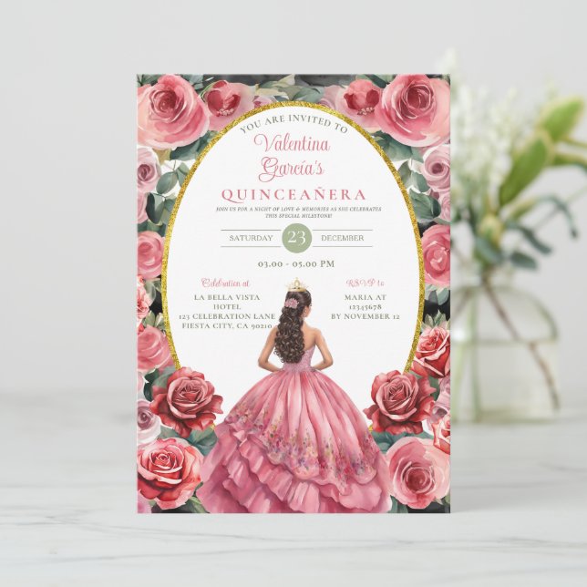 Invitation Roses roses roses Quinceañera 15 Anos Fleurs Or (Debout devant)