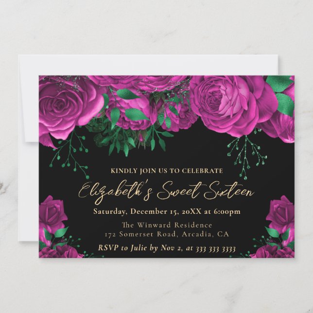 Invitation Roses Roses Roses Roseaux Aquarelle Seize Ans (Devant)