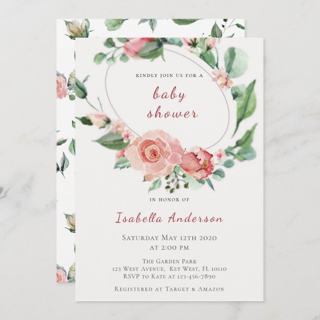 Invitation Roses Roses Roses Roses Roses Roses Flore Baby sho (Devant / Derrière)