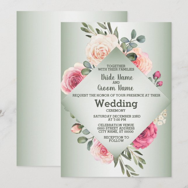 Invitation Roses Roses Roses Rustiques Géométriques Mariage (Devant / Derrière)