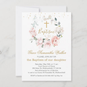Invitation Roses roses roses Verdure Feuillage Croix Baptême