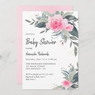 Invitation Roses roses roses vertes Fille Baby shower Invitat