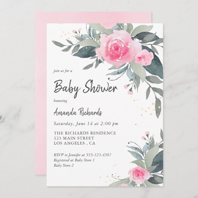 Invitation Roses roses roses vertes Fille Baby shower Invitat (Devant / Derrière)