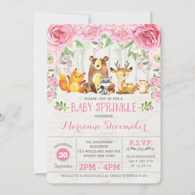 Invitation Roses roses roses Woodland Girl Baby Sprinkl Invit (Devant)