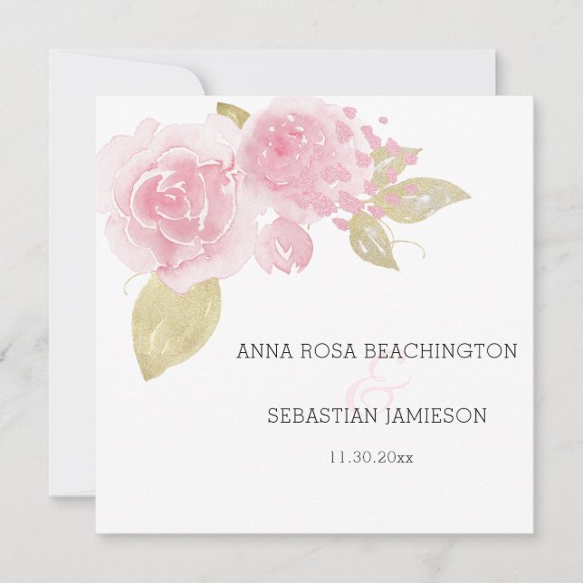 Invitation ** Roses roses - RSVP QR Gold Floral AR15 Mariage (Devant)