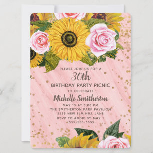 Invitation Roses roses tournesols Parties scintillant d'or 30