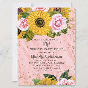 Invitation Roses roses tournesols Parties scintillant or 21e
