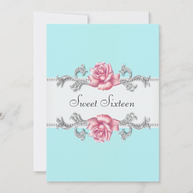 Invitation Roses roses Turquoise Sweet sixteen bleu fête d'an (Devant)