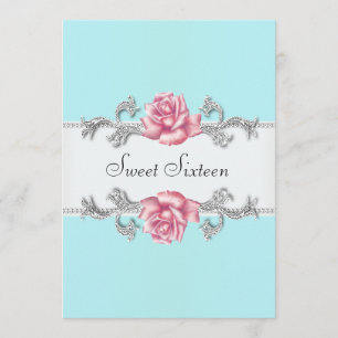 Invitation Roses roses Turquoise Sweet sixteen bleu fête d'an