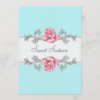 Invitation Roses roses Turquoise Sweet sixteen bleu fête d'an
