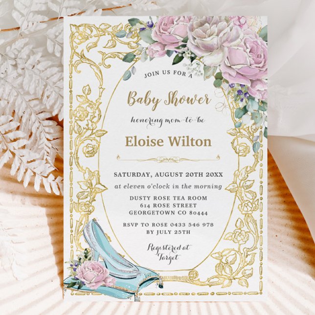 Invitation Roses roses vintages Cendrillon Princesse Baby sho (vintage gold pink roses floral cinderella shoe princess baby shower invitation cards print download )