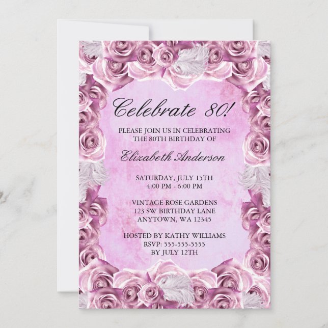 Invitation Roses roses vintages et anniversaire de plume (Devant)