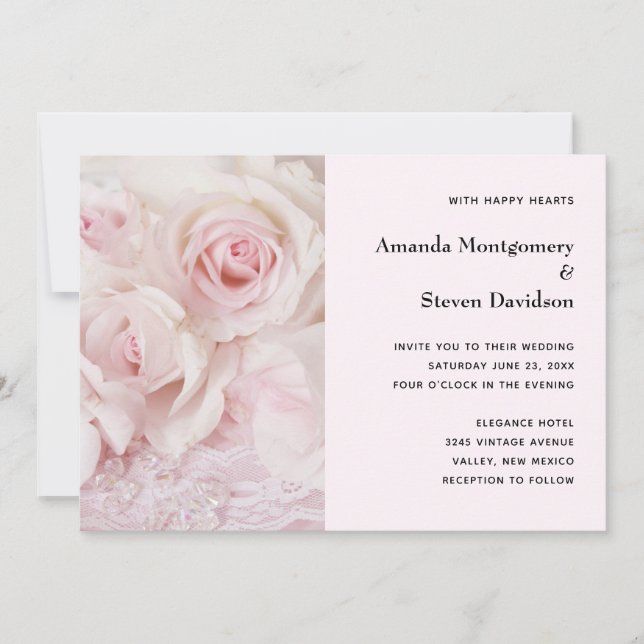 Invitation Roses roses vintages et dentelle élégante - Mariag (Devant)