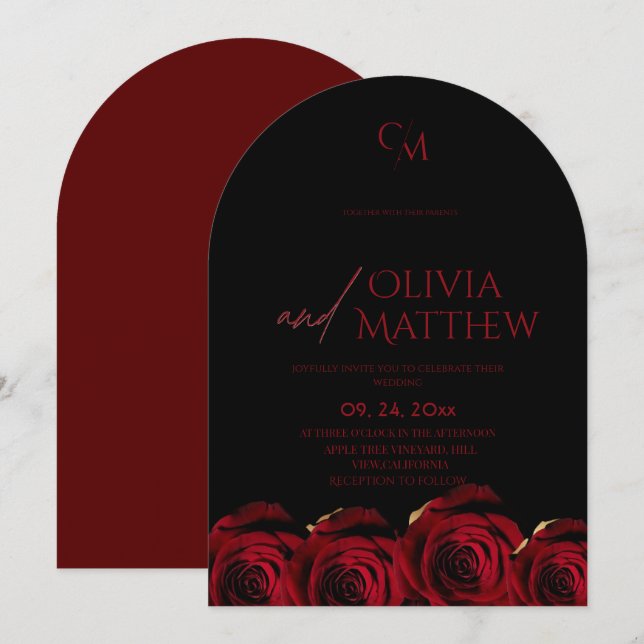 Invitation Roses Rouge Mariage Bourgogne Noir (Devant / Derrière)
