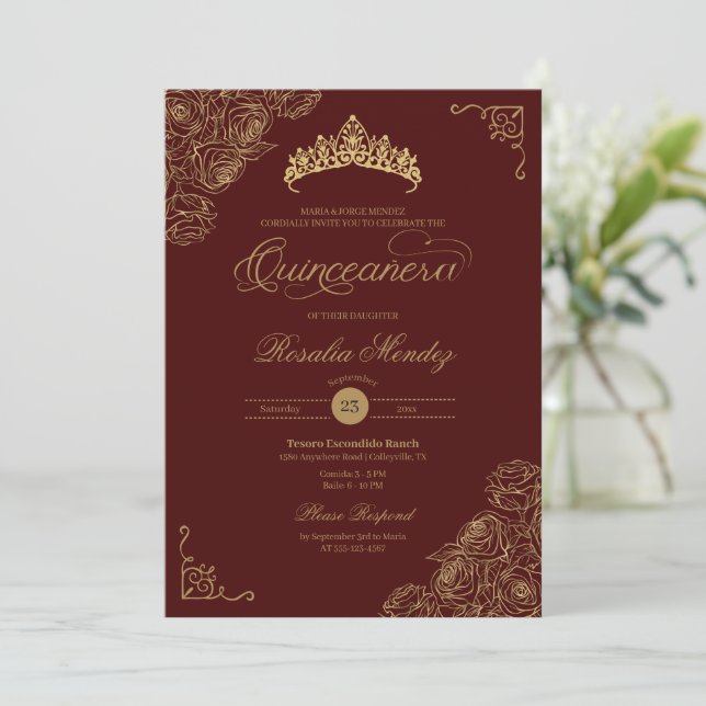 Invitation Roses Rouge & Or Elegant Quinceañera (Debout devant)