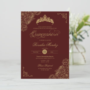 Invitation Roses Rouge & Or Elegant Quinceañera